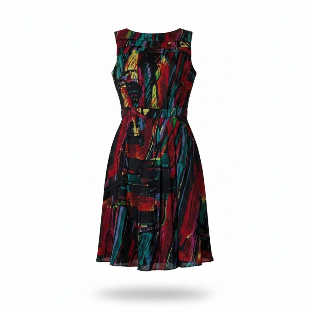 Ellen Tracy Sleeveless Fit Flare Dress Pleated Multicolor Abstract